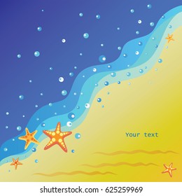 Starfishes on the seashore. Vector image. Yellow-orange background of the coast with water drops. Banner design, poster with place for text.