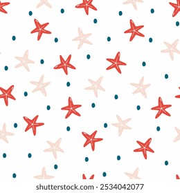 Starfishes seamless pattern flat vector. Cute cartoon style sea and ocean creature, animal. Square composition, for print design, wallpaper, wrapping paper or web.