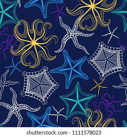 Starfishes seamless pattern. Hand drawn starfishes on a dark blue background. Vector illustration.