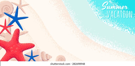 Starfishes and seashells banner. Sandy beach and bright turquoise sea waves background. Retro vector illustration. Place for your text