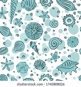 Starfishes and seashells hand drawn vector seamless pattern in white and light blue tones. illustration for babay and kids textille.