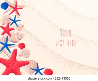 Starfishes and seashells template. Sandy beach background. Retro vector illustration. Can be used as invitation, card, poster, flyer. Place for your text