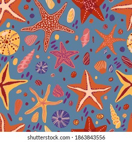 Starfishes, shells and stones flat hand drawn vector seamless pattern. Colorful wallpaper in scandinavian style. Summer sea background. Abstract design for prints, wrap, textile, fabric, decor, cards.