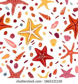 Starfishes, shells and stones flat hand drawn vector seamless pattern. Colorful wallpaper in scandinavian style. Summer sea background. Abstract design for prints, wrap, textile, fabric, decor, cards.