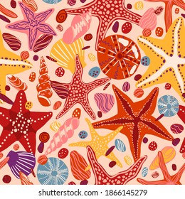 Starfishes, shells and stones flat hand drawn vector seamless pattern. Colorful wallpaper in scandinavian style. Summer sea background. Abstract design for prints, wrap, textile, fabric, decor, cards.