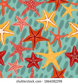 Starfishes, shells and stones flat hand drawn vector seamless pattern. Colorful wallpaper in scandinavian style. Summer sea background. Abstract design for prints, wrap, textile, fabric, decor, cards.