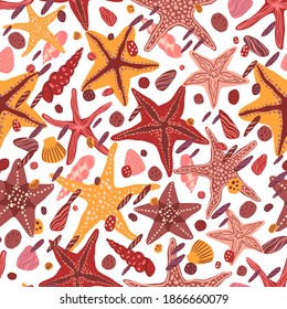 Starfishes, shells and stones flat hand drawn vector seamless pattern. Colorful wallpaper in scandinavian style. Summer sea background. Abstract design for prints, wrap, textile, fabric, decor, cards.