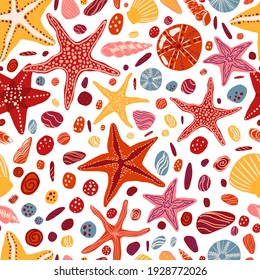 Starfishes, shells and stones flat hand drawn vector seamless pattern. Colorful wallpaper in scandinavian style. Summer sea background. Abstract design for prints, wrap, textile, fabric, decor, cards.