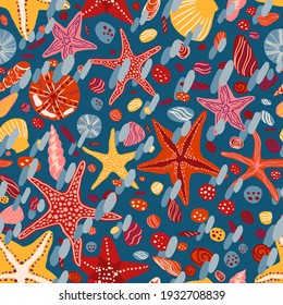 Starfishes, shells and stones flat hand drawn vector seamless pattern. Colorful wallpaper in scandinavian style. Summer sea background. Abstract design for prints, wrap, textile, fabric, decor, cards.