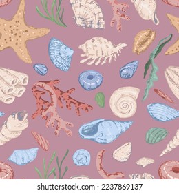 Starfishes, shells, stones, seaweed, coral, sea ornament. Abstract vector seamless pattern of underwater life. Modern style pastel colors design..