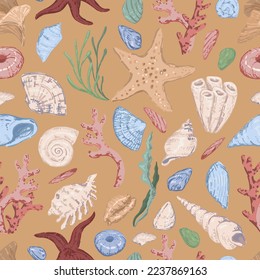 Starfishes, shells, stones, seaweed, coral, sea ornament. Abstract vector seamless pattern of underwater life. Modern style pastel colors design..