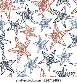 Starfishes silhouettes, seamless beautiful doodle pattern 