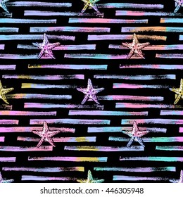 Starfishes and stripes seamless pattern. Underwater, sea, summer . Vector.