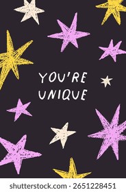 Star-framed background, motivational card design with cute inspirational lettering, handwritten phrase. Doodle style sparkles pattern, starry night postcard, poster. Flat vector illustration