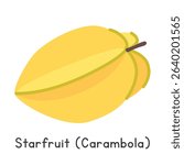 Starfruit flat vector illustration. Yellow ripe Starfruit or Carambola cartoon clipart style isolated on white background. Tropical and Exotic fruit concept