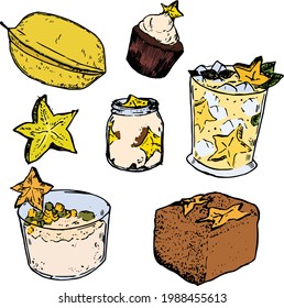 Starfruit Food And Drink Color Illustration. Smoothie, Juice, Cocktail, Cake, Yoghurt, Panna Cotta Hand Drawn Elements. Yellow Colorful Drawing Collection. Fruits, Healthy Diet Theme. 