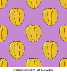 Starfruit healthy fruit seamless pattern on purple background hand-drawn doodle vector.