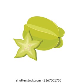 Diseño Starfruit set con carambola de frutas tropicales de frutas tropicales, enteros y a la mitad. Comida vegetal exótica en forma de vectores planos detallados para el envasado, los diseños y los elementos decorativos