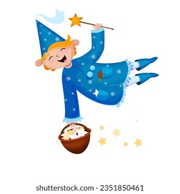 A stargazer boy with a basket and a magic wand, children's vector illustration