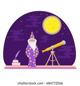 Stargazer. Flat vector illustration depicting stargazer's laboratory.