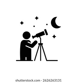 Stargazer looking through telescope with moon icon night view