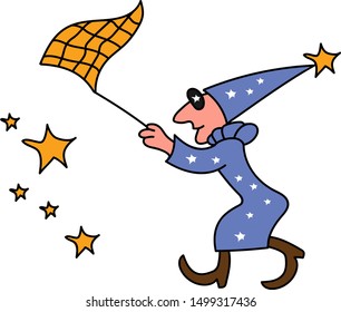 Stargazer, the wizard catches the stars with a butterfly net. Cartoon vector image