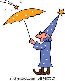 Stargazer, a wizard with an umbrella in his hands, rain from the stars. Cartoon vector image