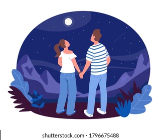 Stargazing 2D vector web banner, poster. Boy and girl hold hands and watch stars. Teenager couple flat characters on cartoon background. Romantic night printable patch, colorful web element
