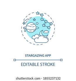 Stargazing app concept Symbol. Gadget Funktion Idee dünne Linie Illustration. Informationen über Satelliten, kommende Stargazing Events. Astronomie. Vektorgrafik einzeln Umriss RGB Farbzeichnung. Bearbeitbarer Hub