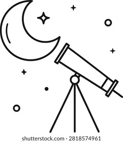 Stargazing device icon. Celestial observatory equipment. Moon and star observation theme. Science and space exploration drawing.