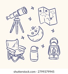 Stargazing Elements and Night Camping Hand Drawn Monoline Doodle Illustration Set