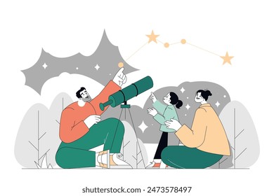 Familia de observación de estrellas disfrutando de una noche de verano al aire libre. Un momento tranquilo mientras los padres y el niño Explore el cosmos juntos. Ilustración vectorial.