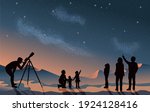 Stargazing looking at dark night sky stars. A group of people family and friends with man woman and children with telescope in silhouette. Looking at milky way astronomy concept vector grouped layered