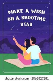 Stargazing poster flat vector template. Couple watching falling stars. Brochure, booklet one page concept design with cartoon characters. Make wish on a shooting star flyer, leaflet with copy space