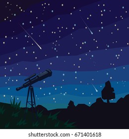 Stargazing. Three Falling Stars. Natural landscape, night starry sky and telescope on foreground. Meteor shower. Asteroids. Vector illustration in flat faceted style. Scene for your design.