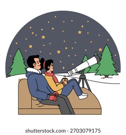 Mirar las estrellas en una ilustración de invierno.