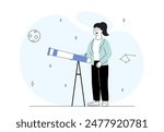 Stargazing woman concept. Young girl with telescope looking at starry sky. Astrology and astronomy. Space and universe exploration. Linear flat vector illustration isolated on white background