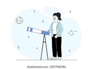 Concepto de la mujer miradora. Joven con telescopio mirando el cielo estrellado. Astrología y astronomía. Exploración del espacio y del universo. Ilustración vectorial plana lineal aislada sobre fondo blanco