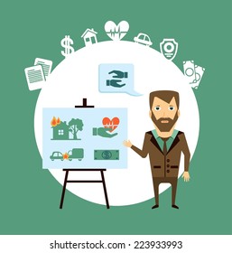 starhovoy agent making a presentation on property insurance and health illustration