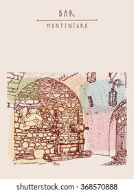Stari Bar, Montenegro, Europe. Room in old fortress. Stone wall. Vintage artistic hand drawn touristic postcard. Vector illustration
