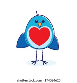 Staring Bluebird with Red Heart Breast on a White background