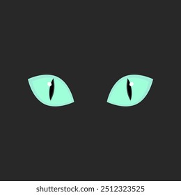 Staring emerald cat eyes in the dark. Halloween, scary, mystery, horror concepts.  Flat vector design isolated illustration. 