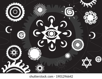 The staring eye in the sky. In the night cosmic sky the sun, moon, stars are shining linear drawing. Space world. Vector illustration.