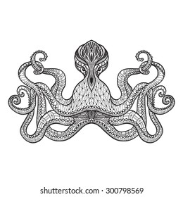 Staring octopus stylized character embroidery or engraving  pattern pictogram design print doodle black line abstract vector illustration