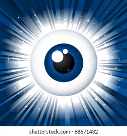 staring spy eyeball on blue star burst background