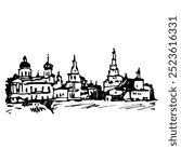 Staritskiy Holy Dormition Monastery, Tver, Russia. Panorama view of Orthodox temple. Hand drawn linear doodle rough sketch. Black and white silhouette.