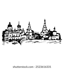 Staritskiy Holy Dormition Monastery, Tver, Russia. Panorama view of Orthodox temple. Hand drawn linear doodle rough sketch. Black and white silhouette.