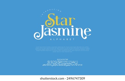 Starjasmine swash luxury elegant alphabet letters and numbers. Vintage wedding typography classic serif font decorative vintage retro. creative vector illustration