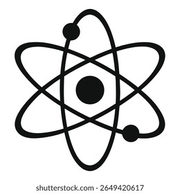 The stark black atom symbol features an electron orbit of three ellipses revolving around the central atomic core on a clean white backdrop, illustrating physics and chemistry.