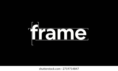 A stark black background highlights the bold white word 'frame' in a clean, modern sans-serif font. The typography is emphasized with minimalist
